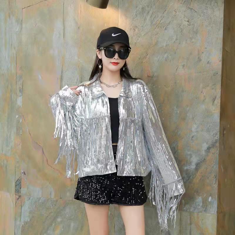 Chaquetas de lentejuelas de estilo Hip Hop para mujer, ropa de calle de Color liso, abrigo de retazos con borlas, ropa de cuello redondo, abrigos sueltos de manga larga: Plata