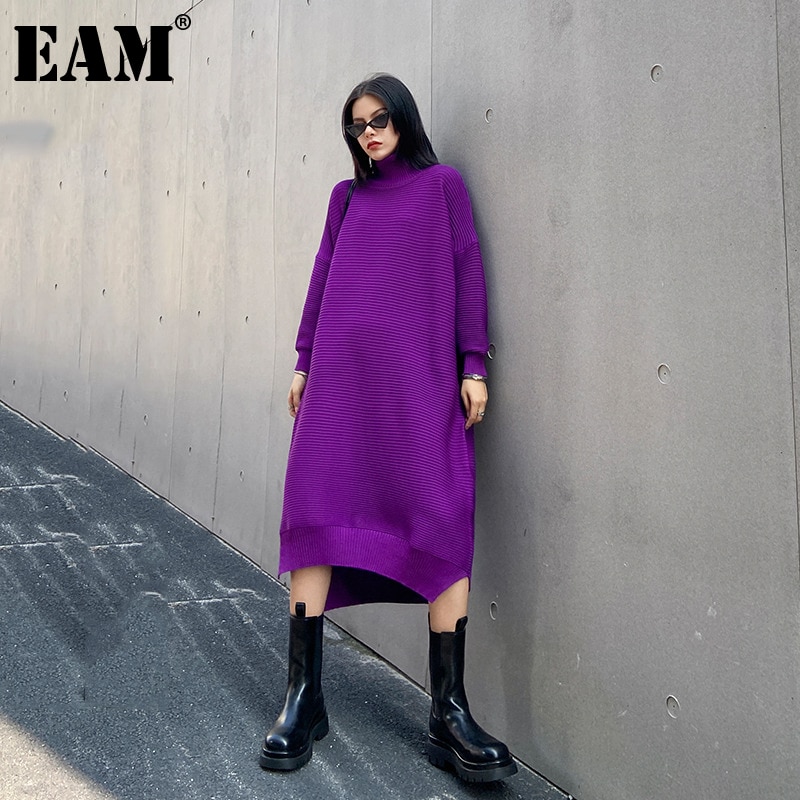 [EAM] Vestido largo de punto Irregular de talla grande para mujer, cuello alto, manga larga, suelto, tendencia de , primavera otoño 1DB512
