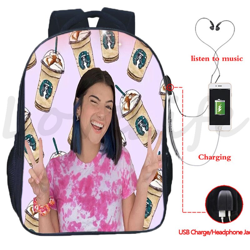 Plecak Charli Damelio plecak USB Design chłopcy dziewczęta torby szkolne mężczyźni kobiety dwuwarstwowy plecak na laptopa plecak podróżny USB: 6
