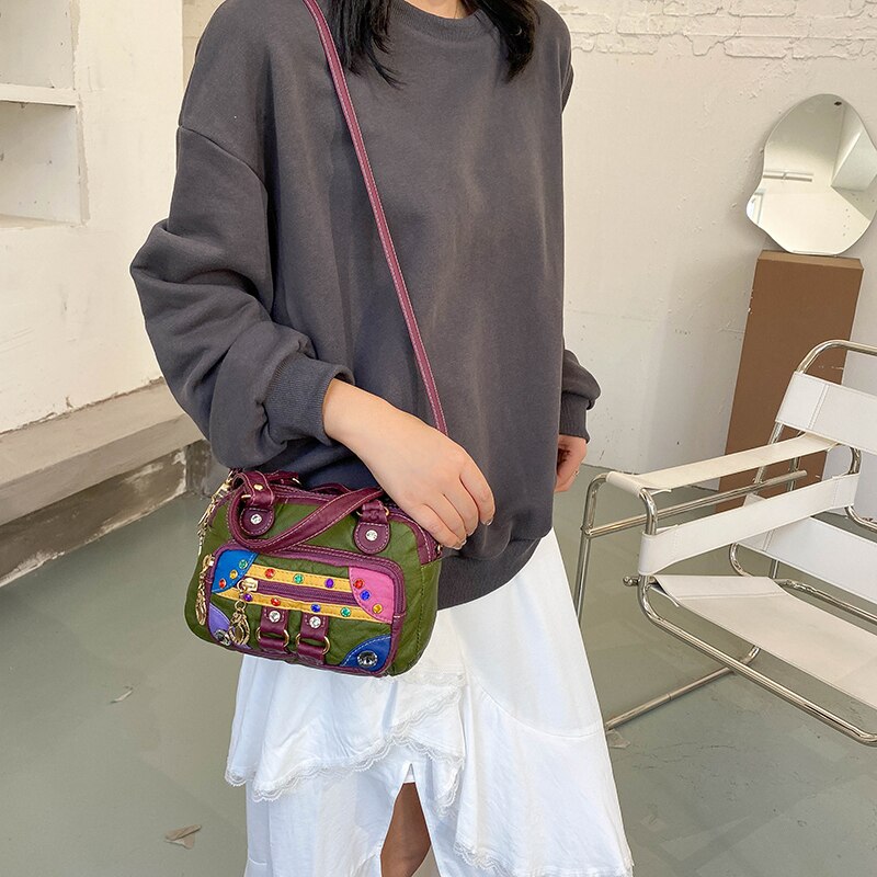 Pu Leather Multicolor Optional Shoulder Bag Ladies Crossbody Messenger Bag Ladies Rivet Soft Package Patch Multi-pocket