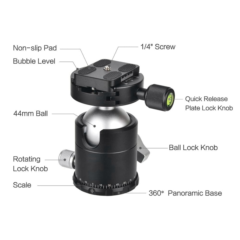 Abhu-camera statiefkop aluminiumlegering camera panoramisch statief kogelkop met snelkoppelingsplaat 1/4 inch schroefbevestiging voor came