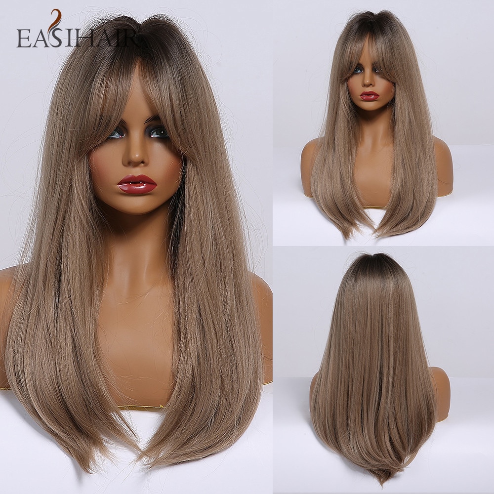 EASIHAIR Long Brown Ombre Straight Wigs with Bangs Synthetic Wigs for Women Daily Natural Hair Wigs Heat Resistant Cute Cosplay