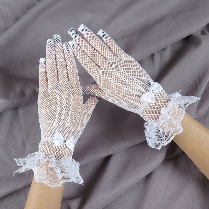 Ladies Short Lace Gloves Maid Sheer Fishn Net Black White Prom Tea Party Gloves Female&#39;s Fashionable Mittens for Women: white bow