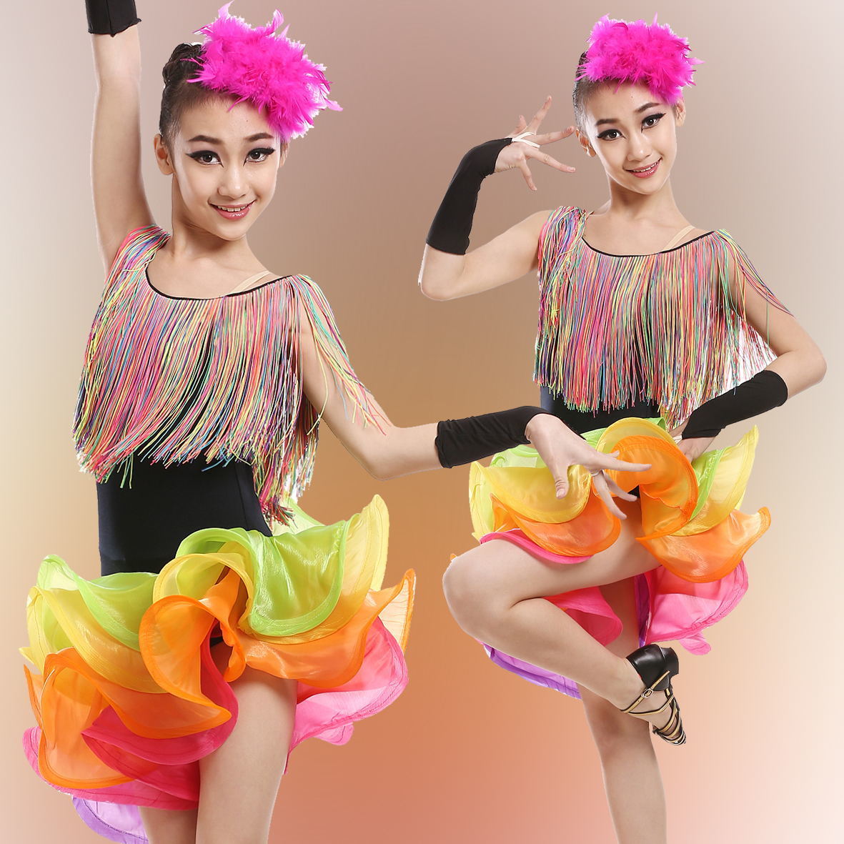 Vestido de baile latino con flecos para niñas, traje de baile latino con flecos de salsa, spandex, rumba, tango, salón de baile,