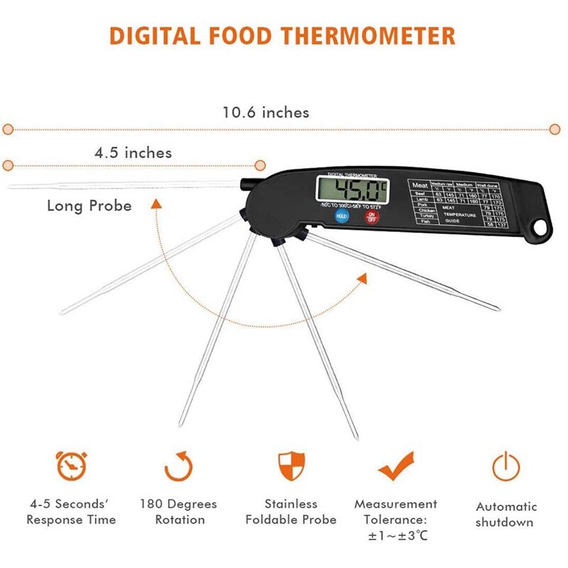 Food Thermometer Digital Instant Read Meat and Cooking Tool Kitchen Steak Deep Fry Smoker BBQ Foldable Temperature Gauge