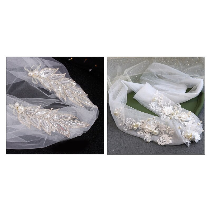 Women Lace Pearls Short Wedding Veil Cathedral Ivory Bridal Headdress Bride Marriage Accessory