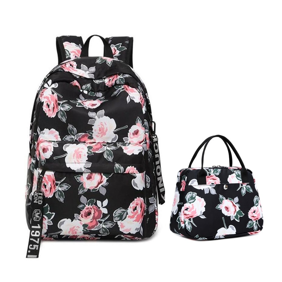 Okkid blomster rygsæk til piger sort blomst udskrivning rygsæk børn skoletasker børn bog taske sæt: Sort