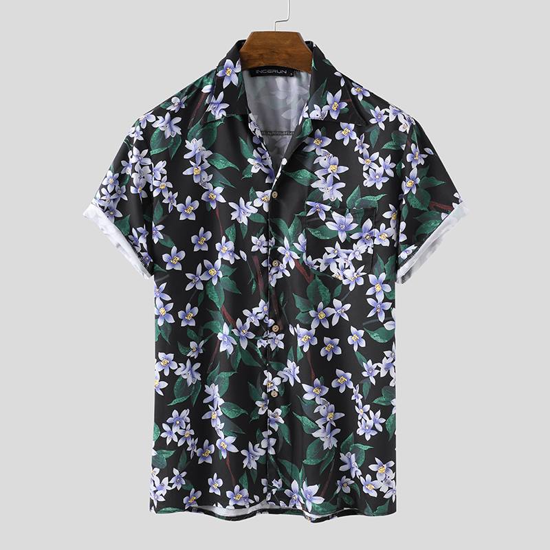 Incerun heren hawaiiaans overhemd korte mouw strand bloemenprint ademend knoop chic camisa zomer streetwear casual blouse 7: Zwart / Xl