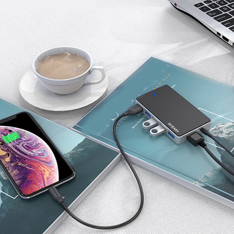 Byeasy UH-74 Hub 7-Port Usb 3.0 Hub Powered Usb 3.0 Splitter Met 5V2A Power Adapter 5Gbps
