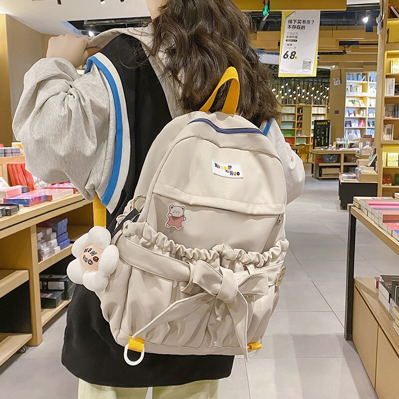 Korean Style Women Sweet Backpack Large Capacity Open Pockets Kawaii Female Bow School Bags for teenager Girls Travel Backpacks