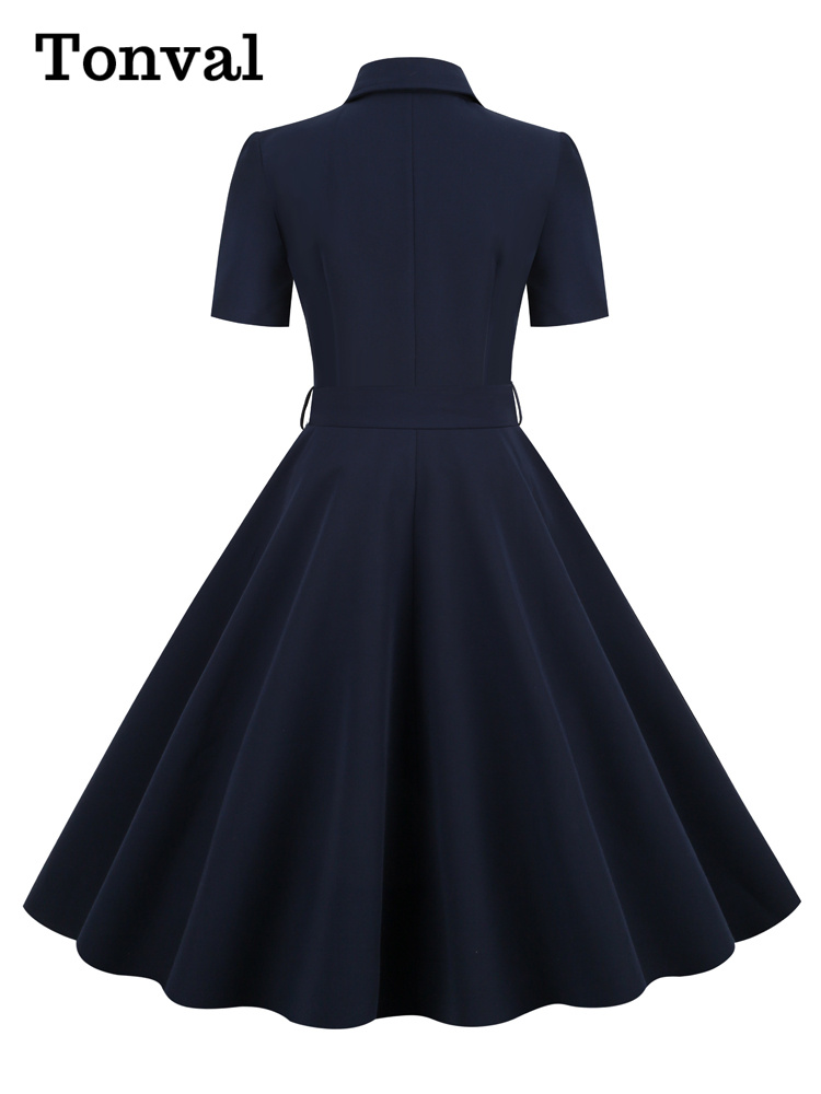 Tonval Marineblau Jahrgang Aufstecken Kleid Baumwolle lange Kleider Frauen Knopf oben Gürtel Rockabilly schwingen Kleid