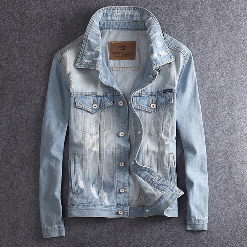 Japansk stil klassisk herrejakke lyseblå retro vask enkel dongerijakke herre bomullskåper streetwear hip hop jakke