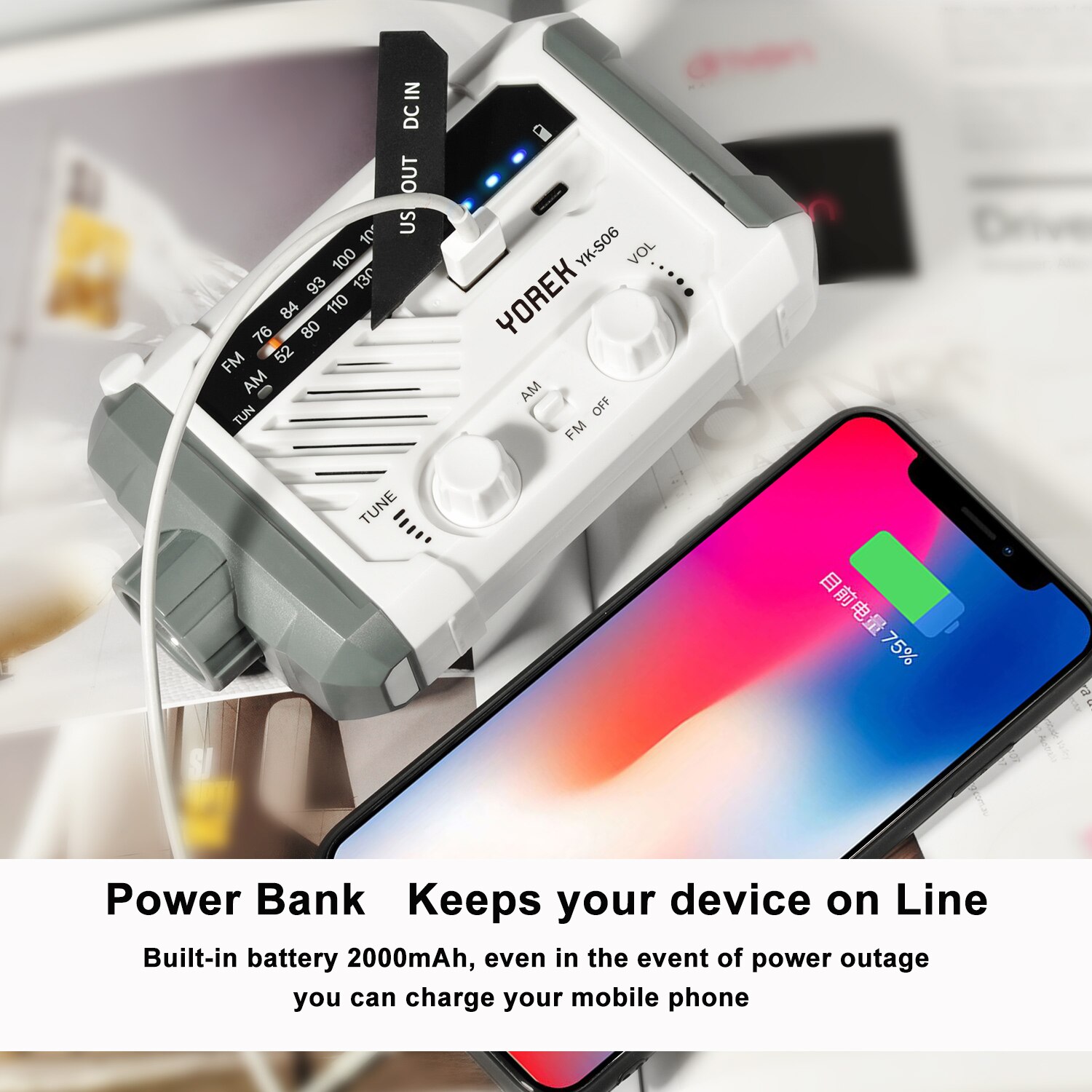 Emergency AM/ FM /NOAA Radio, Hand Crank Battery Operated Solar Radio with LED Flashlight, Desk Lamp,2000mAh Charger,SOS Alert