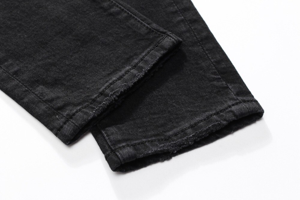Style européen américain hommes Denim jean célèbre droite fermeture éclair mince noir trou jean crayon pantalon pour hommes