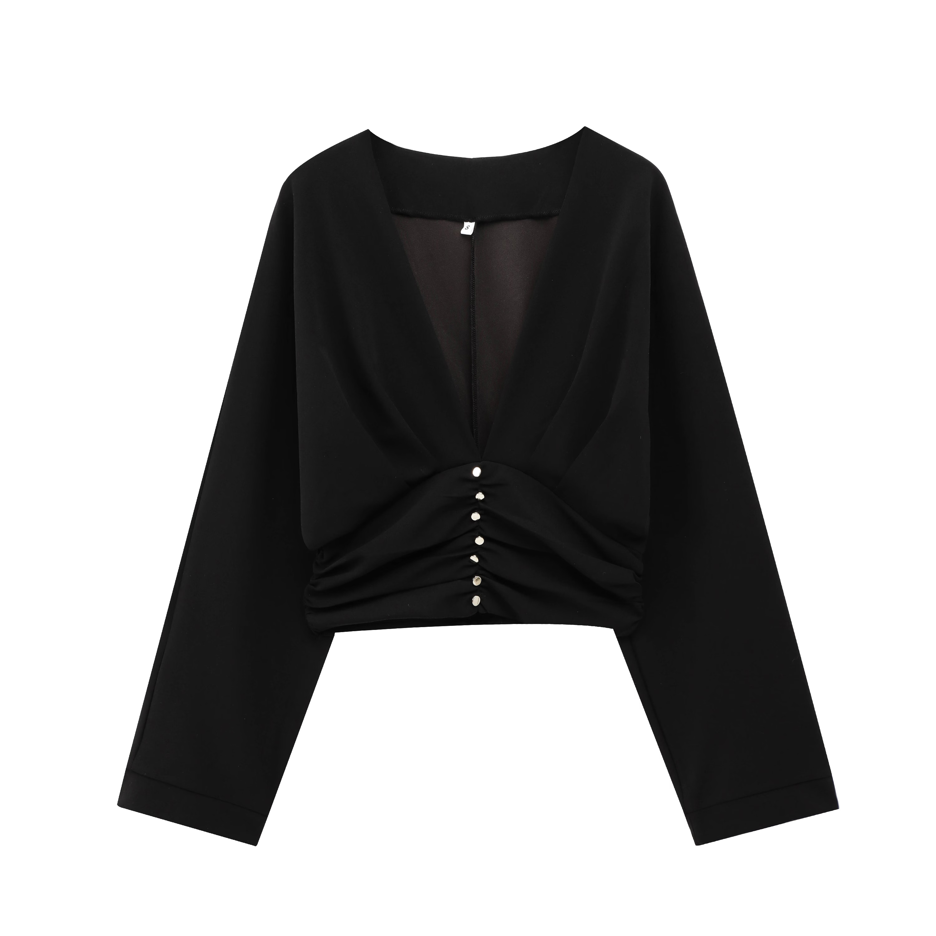 Boutique mode dames casual gevoel Europese en Amerikaanse golfstijl brede swing geplooide top met V-hals: XS / Black