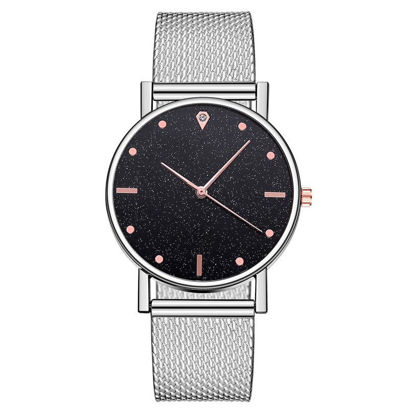 frauen Uhren Edelstahl Zifferblatt Casual Armband Uhr Damen Luxus Quarzuhr Zegarek Damski Reloj Mujer: W002-Sliverblack