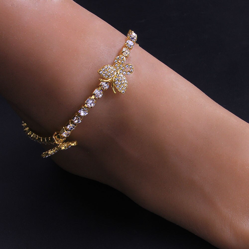 Stonefans Cute Butterfly Charm Rhinestone Tennis Anklet for Women Beach Barefoot Butterfly Anklet Jewelry