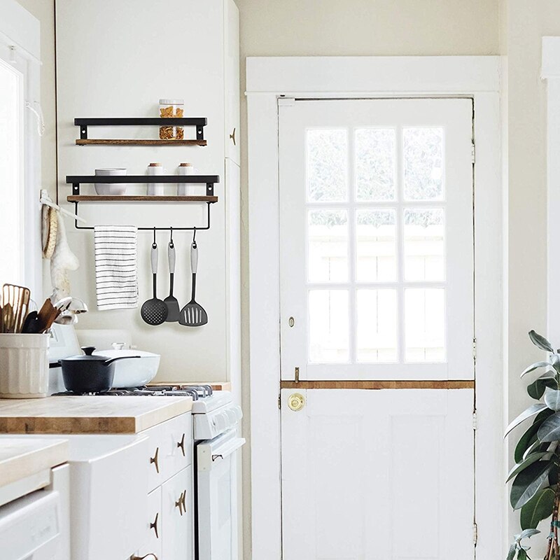 Mensola portaoggetti per bagno impostato da parete di 2, mensole galleggianti in legno rustico con portasciugamani rimovibile, perfette per cucina, bagno