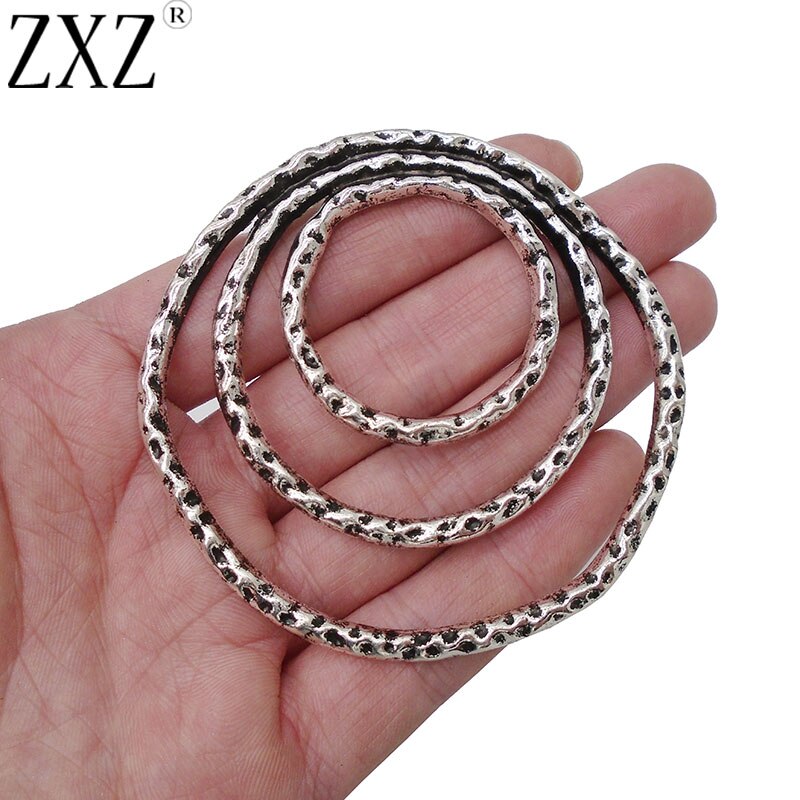 ZXZ 2 stks Antiek Zilver Grote Gehamerd Metalen 3 Ringen Cirkels Boho Charms Hangers voor Sieraden Maken Bevindingen 70mm