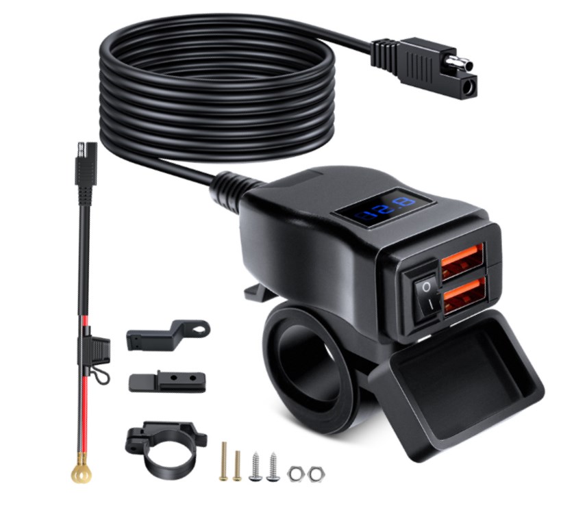 Anchtek-cargador USB para motocicleta, adaptador impermeable montado en vehículo, puertos QC3.0 PD, carga rápida, cargador de teléfono para Moto con interruptor: RED