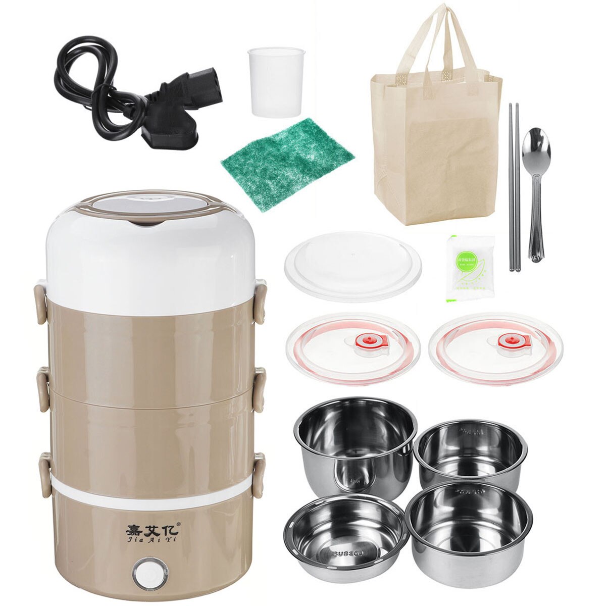 2.7L 220V Electric Lunch Box Stainless Steel Portable Rice Cooker Food Warmer Container Steamer Office Student Bento Box 4 Layer: Coffee