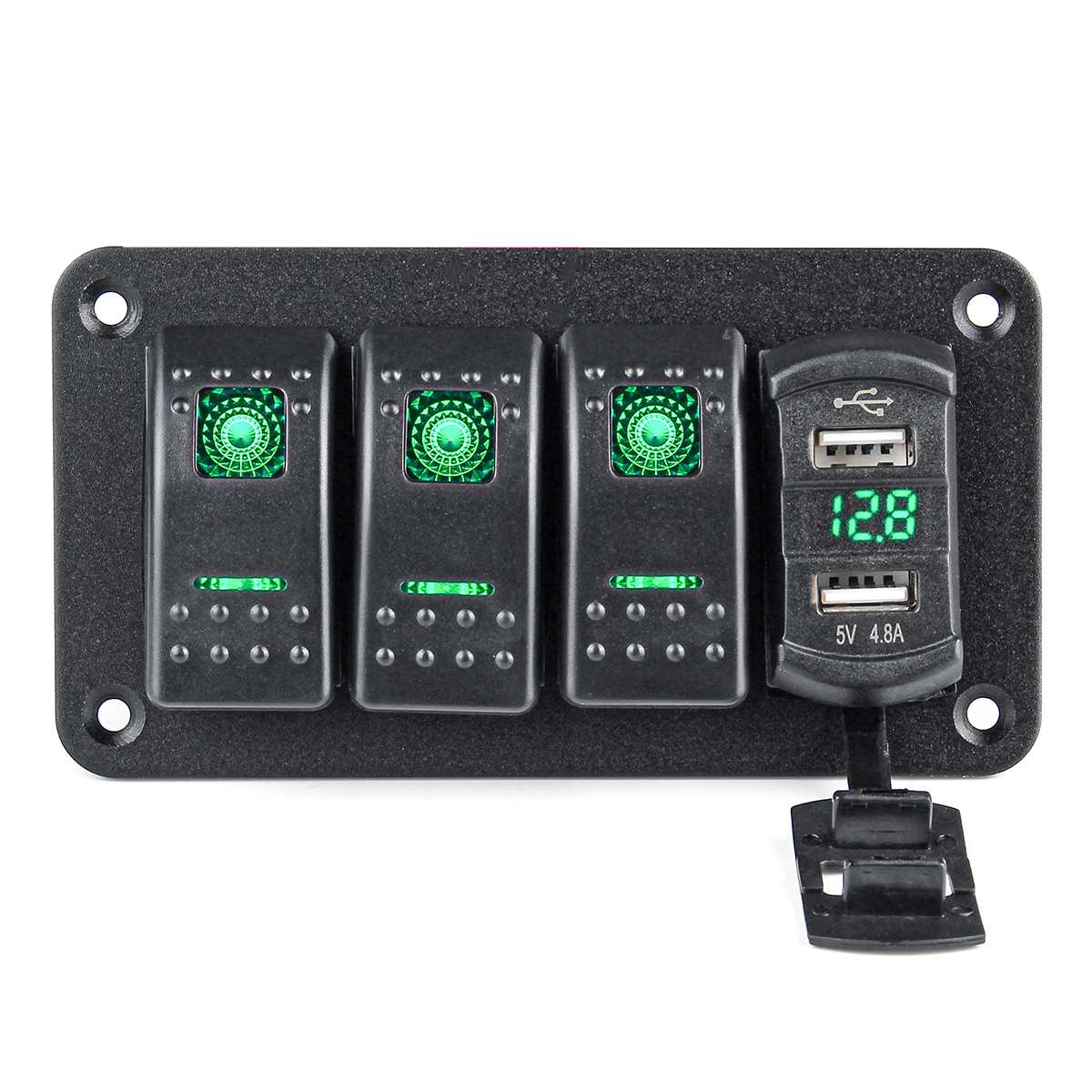 4 Gang LED Rocker Switch Panel Digital Voltmeter Dual USB Port 12V / 24V Outlet Combination Waterproof Car Marine Boat: Green
