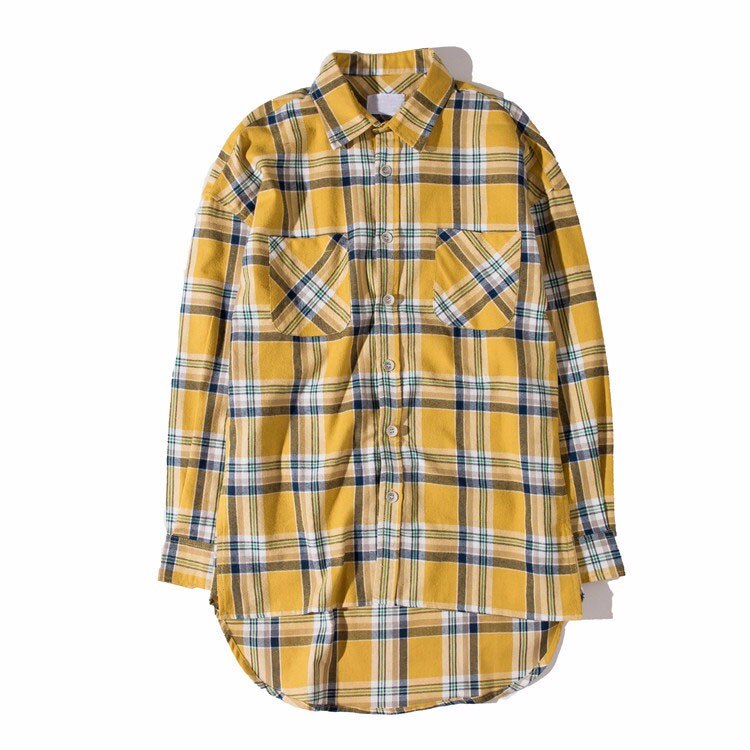 Dark icon flannel plaid shirt herre hip-hop shirt streetwear oversized curved hem hipster herres skjorte langærmet 2 gul: Gul / M