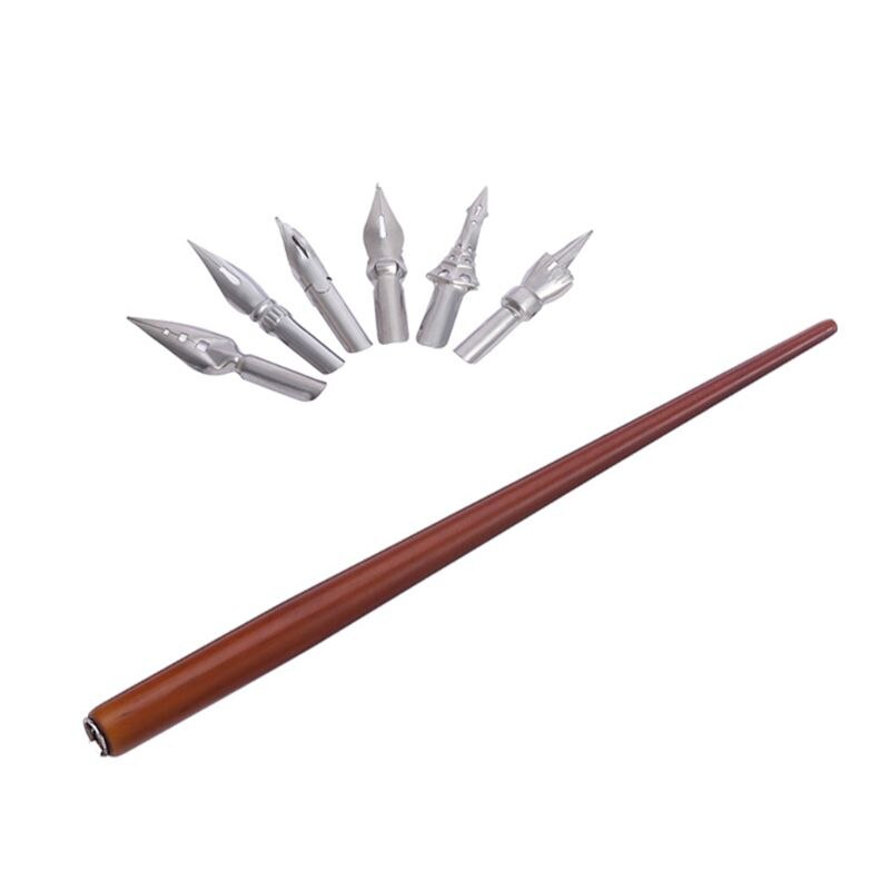 Wooden Manga Comic English Calligraphy Fountain Dip Pen with 6 Nibs Kit for Lettering Sketching Drawing: 1