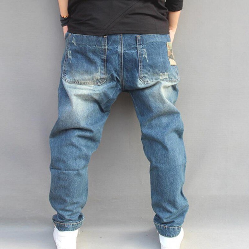 Blå hål rippade baggy män hiphop streetwear skateboarder denim byxor herr löst passform plus hiphop jeans storlek s -4xl