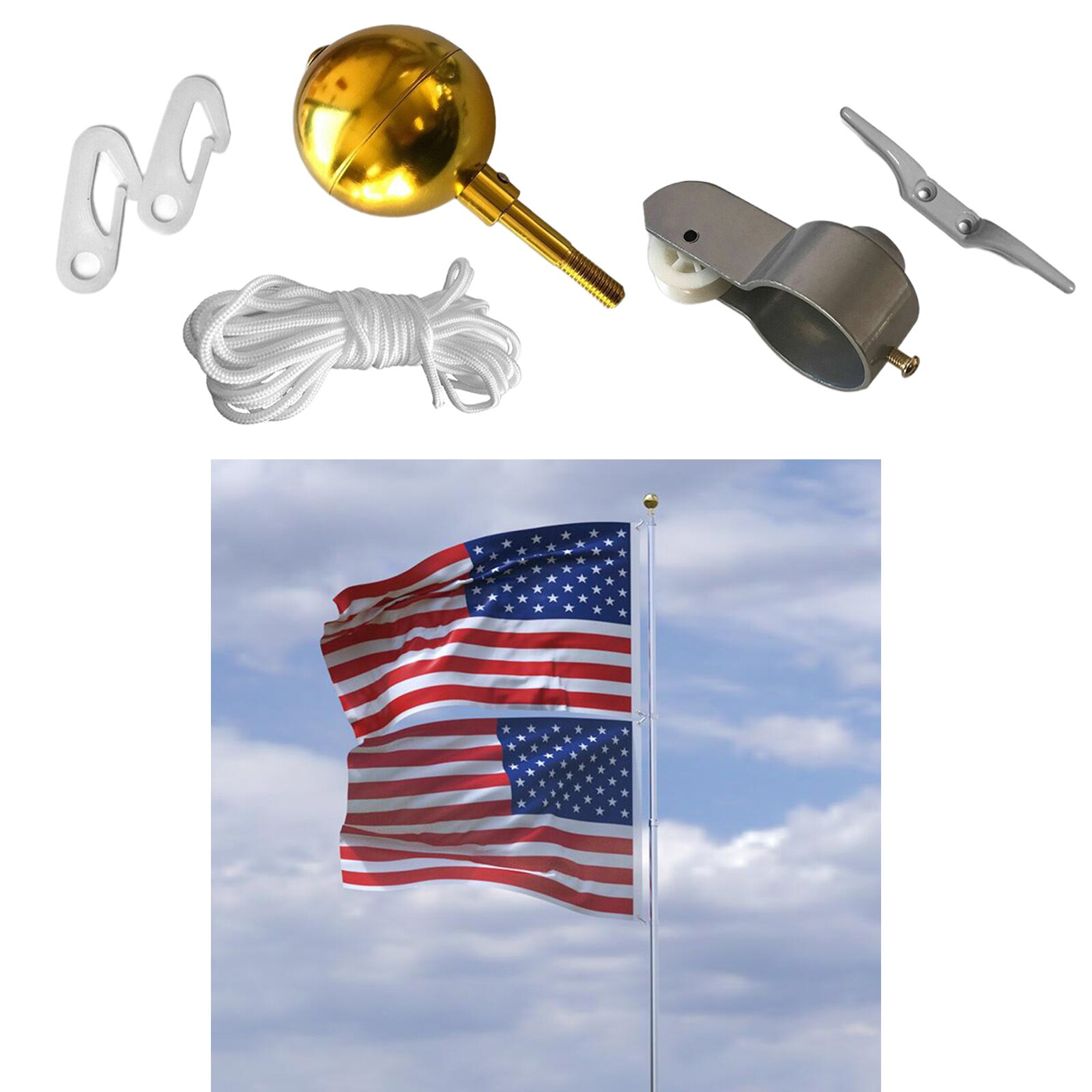 Flag Pole Hardware Repair Kit 3&quot; Ball Top Ornament Cleat Hook 4 Snap Hooks,