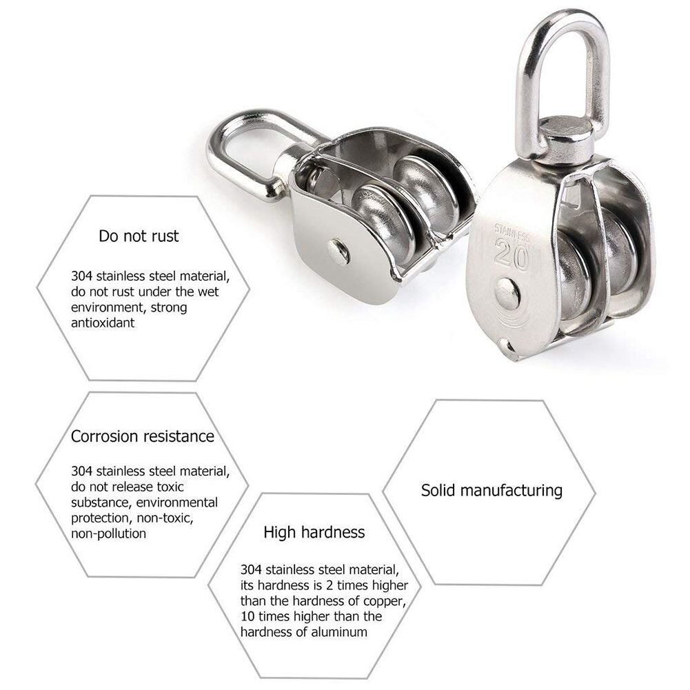 2 PCS Double Pulley Block Stainless Steel 304 Double Swivel Pulley Block Lifting Pulley Block