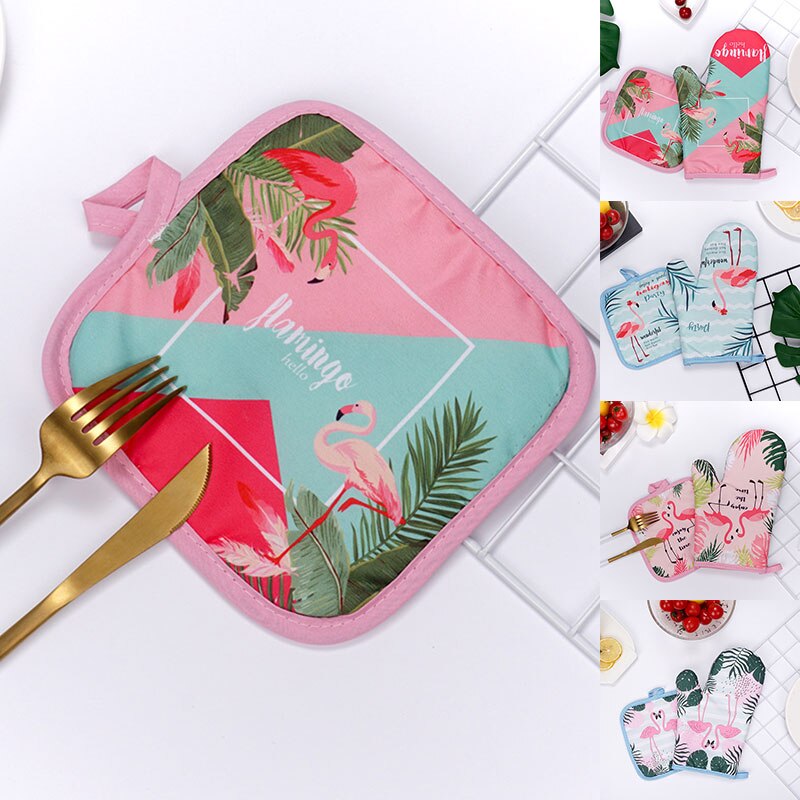 2PCS 1 Set Cotton Flamingo Kitchen Pad Cooking Microwave Baking BBQ Oven Potholders Oven Mitts Kitchen Gloves Mitts