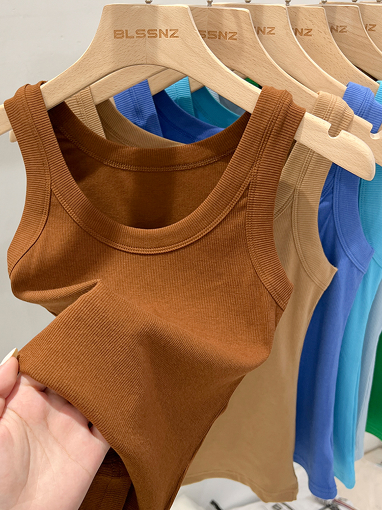 zjaiss Women Solid Round Neck Ribbed Tank Top Camisole Women Summer Basic Elastic Tank Top O Neck Solid Tank Top: S / Dark Brown