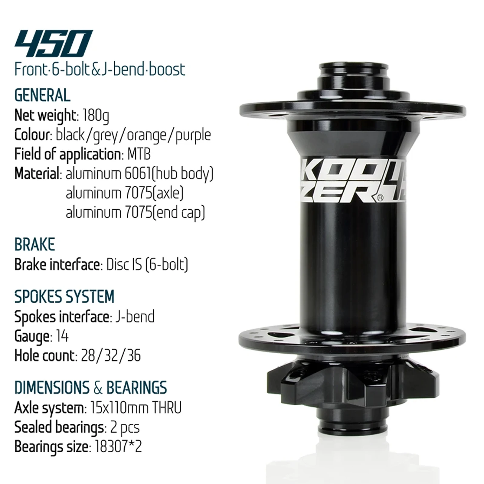 Koozer 450 Boost Front Hub TA 15x110 Thru Axle Hub 28H 32 Holes 6 Bolts Disc 2 Sealed Bearing Light Bike Parts Bicycle Hubs