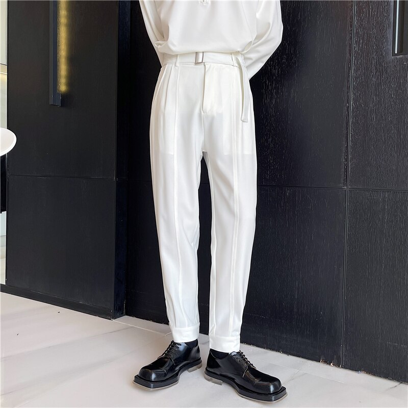 Korean Style Chic Harem Pants Men Solid Black White Man Trouser with Belt Spring Summer Tapered Ankle Length Casual Pant