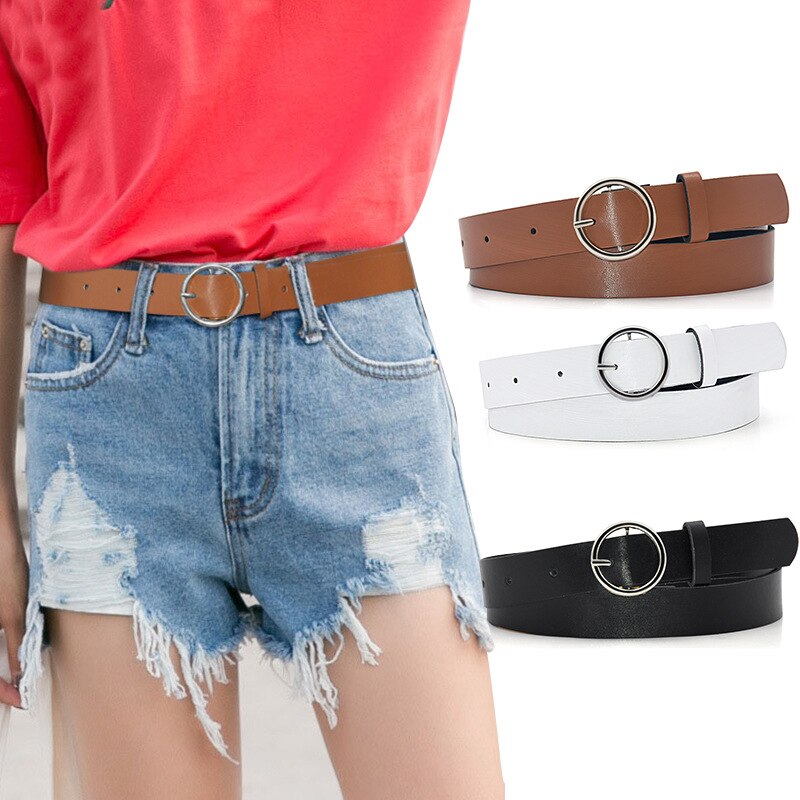 Cinturones de cuero con hebilla redonda para mujer, cinturón clásico Retro de que combina con todo, con hebilla redonda, para Vaqueros