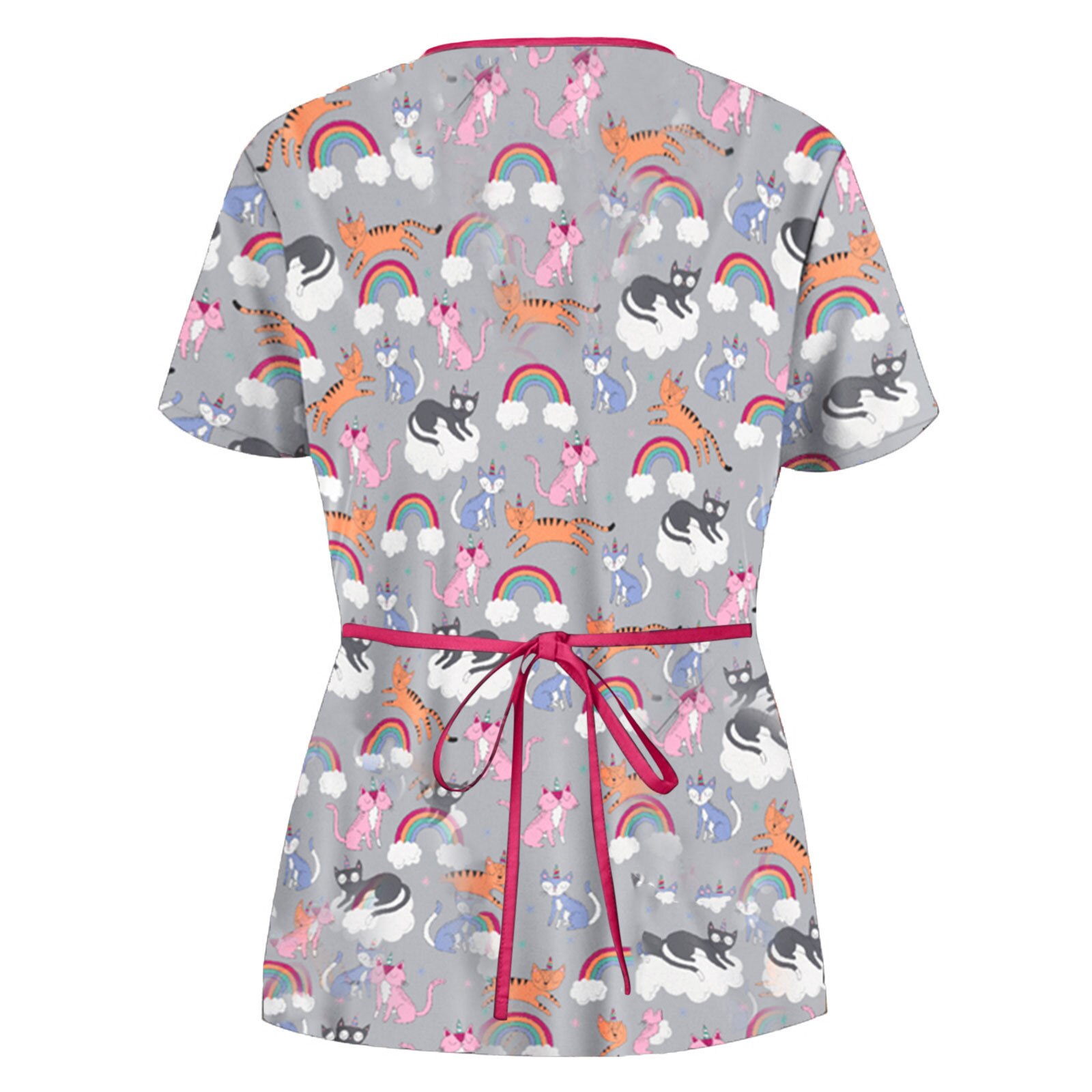 Ziekenhuis Schoonheidssalon Werkkleding Uniform Vrouwen Korte Mouwen Vlinder Print Grafische T-shirt Met Pocket Verpleging Scrub Tops Tie Terug