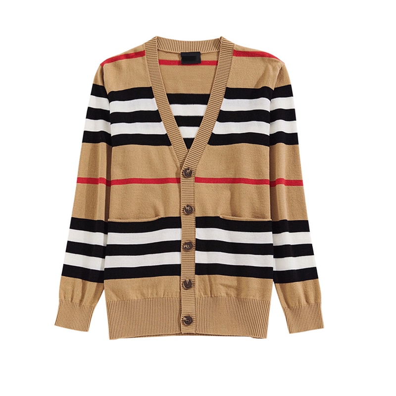 Kvinners genser kvinners jakke kashmir cardigan mellomlang strikket jakke v-hals løs stripete genser tynn damer trenchcoat