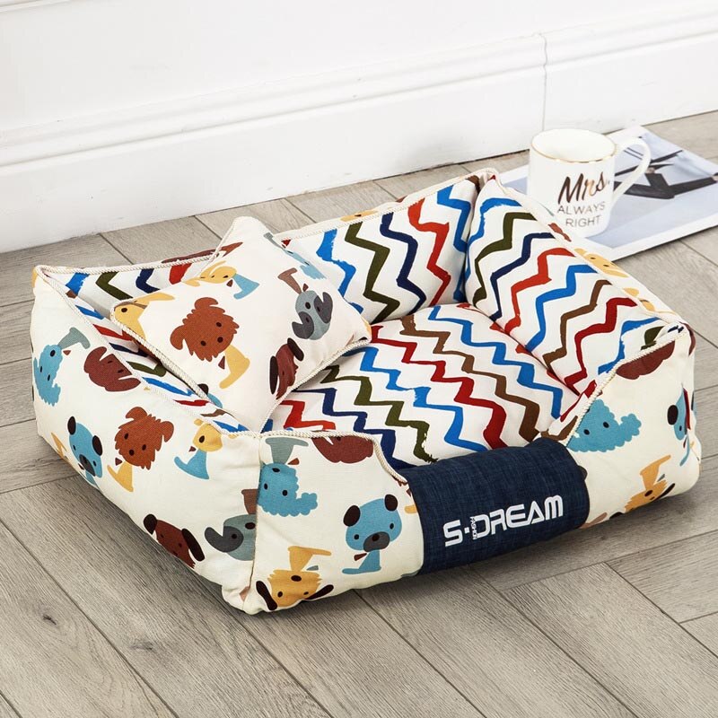 Avtakbar ortoped kjæledyrseng hundeseng med putematte blomstertrykk kattehuspute kenneler kurv madrass myk sovende: Hund gul / 58 x 45 x 20cm