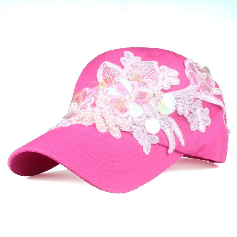 [yarbuu]merk pet stijl baseball pet voor vrouwen kralen bloem katoenen pet hiphop meisjes snapback hoed: Rozenrood