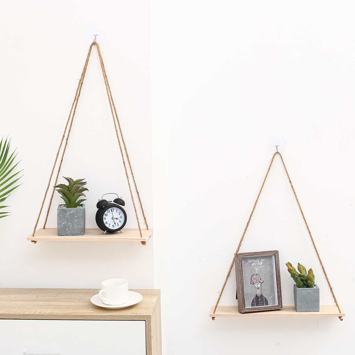 Wooden Wall Shelf Hanging Swing Rope Floating Shelves Jute Rope Hanging Green Plant Display Rack Shelf Organizer DIY Home Decor