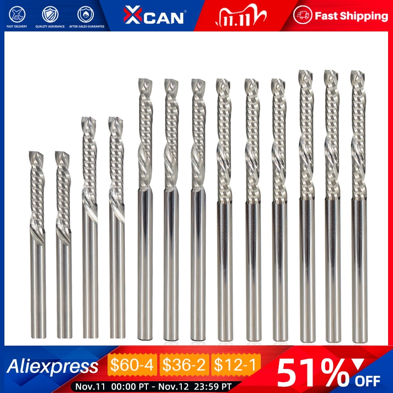 Xcan single flute up down cutter 3.175mm skaft cnc router bit spiral end mill carbide milling cutter