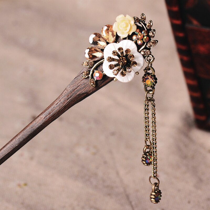 Morkopela, accesorios para el cabello de boda china, palillo de madera para el pelo, horquilla de diamantes de imitación con flor, joyería para el cabello Banqet: champagne