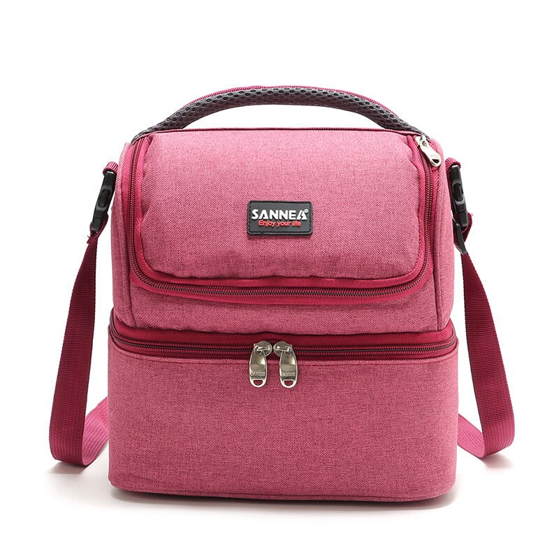 Double-Deck Insulated Lunch Bag Women Thermal Large Capacity Cooler Bag Portable Lunch Tote Food Bag: Red