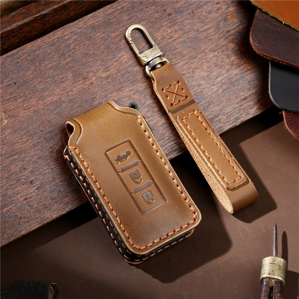 Leather Car Key Case For Mitsubishi Outlander Lancer 10 Pajero Sport L200 ASX RVR Smart Remote Fobs Protector Cover Keychain Bag: 3 Buttons Brown