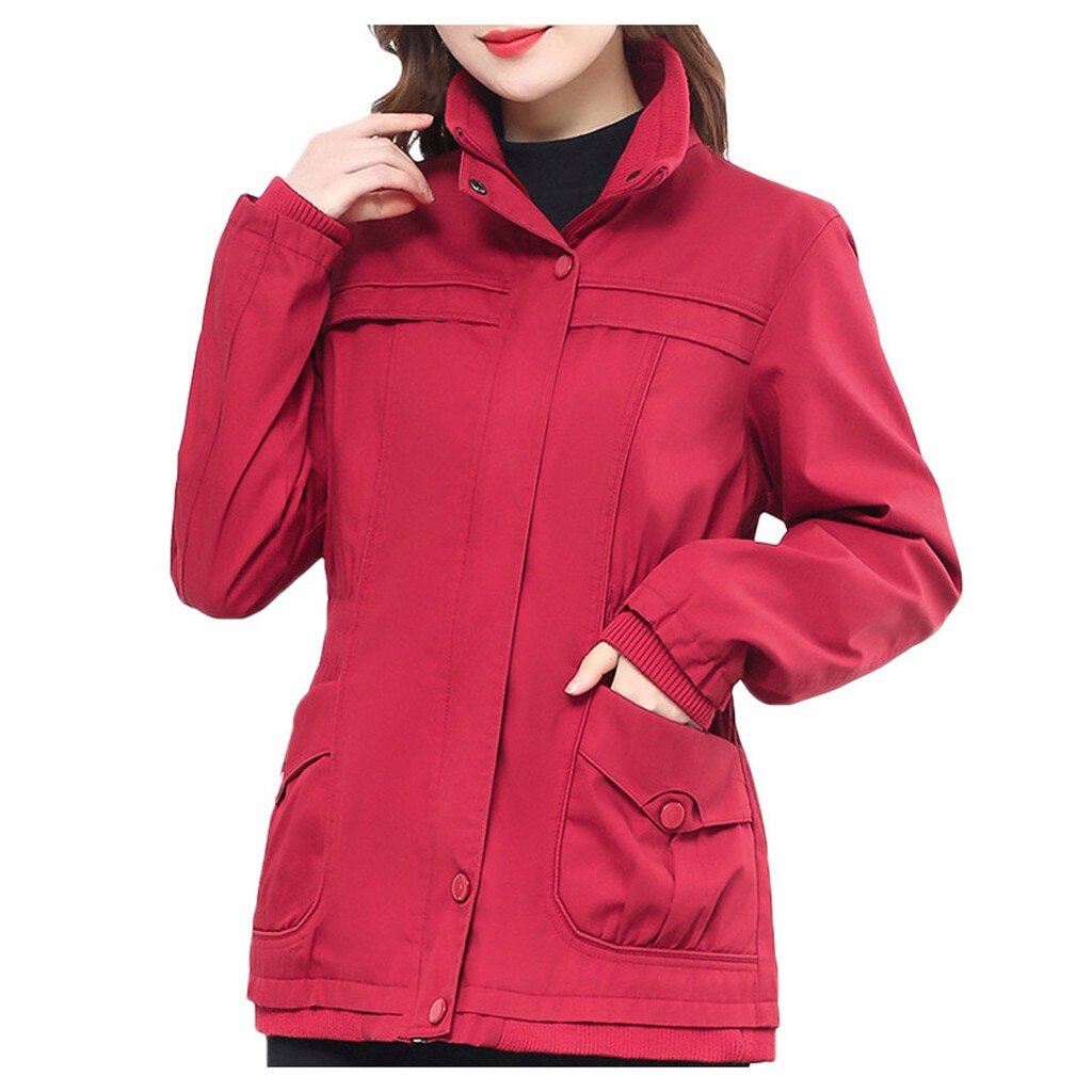 Solid Green Women Long Sleeve Jacket Windbreaker Parka Pockets Cardigan Coat Autumn Outwear Women Clothes#G30: Red / XXXL