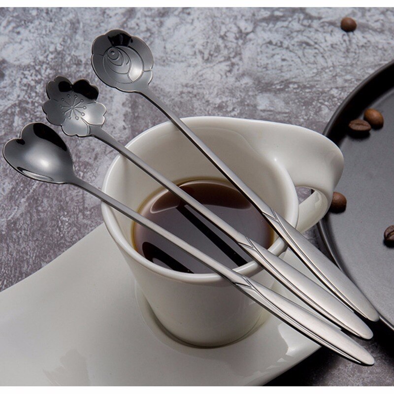 16 Types Stainless Steel Spoon With Long Handle Ice Spoon Coffee Spoon Flowers Heart Shape Dessert Spoon Kitchen Gadget