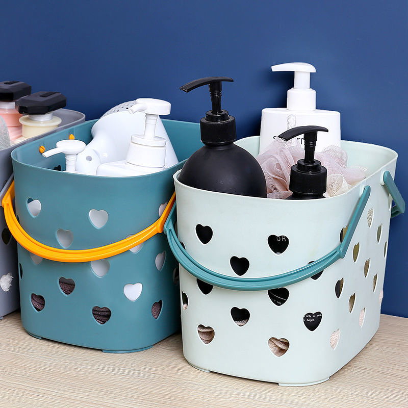Caddie de douche Portable, fourre-tout en forme de cœur, panier de rangement en plastique creux avec boîte à poignée, bac de rangement pour salle de bain, garde-manger de cuisine