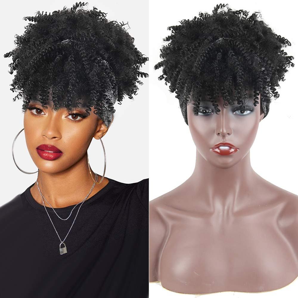 Afro Puff Turban Synthetic Wig Short Kinky Curly Headwrap Drawstring Wrap-wig 2 in 1 Updo Head-Wrap Wig for Black Women: #1