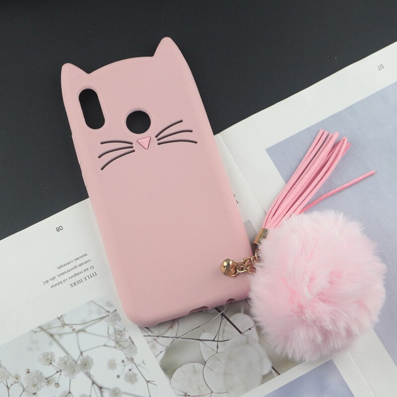 Cute 3D Cartoon Silicon Case for Huawei Honor 10i Cases Japan Glitter Beard Cat Lovely Ears Kitty Phone Cover: HuxuPink With Ball